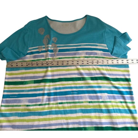Kim Rogers Curvy 1X Striped Seahorse Tee Short Sleeve 100% Cotton Turquoise - Picture 7 of 8